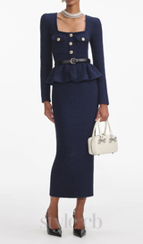 knit peplum maxi dress in dark blue