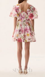 vanessa puff sleeve collage fleur mini dress