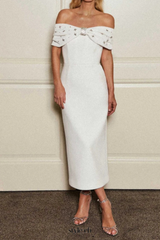 beulah Off-shoulder beaded diamond midi dress in white