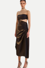 STRAPLESS CUTOUT LEATHER MIDI DRESS