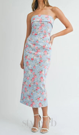 sherry strapless floral midi dress in blue