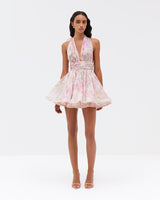 murray floral print halter backless mini dress - pink