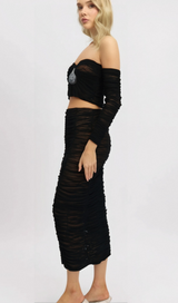 Gwenonwy black ruched mesh top & skirt matching set