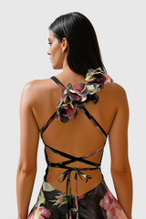 Pera Floral Appliqué Ruffle Mini Dress - Black