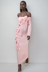 hilary Pink 3D Flower long sleeve strapless Midi Dress