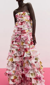 yetta Strapless Floral Printed Layered Maxi Dress