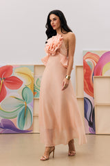 aurora Halter Neck Ruffle Maxi Dress in pink