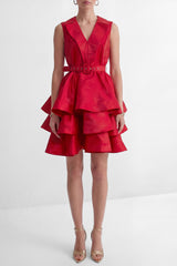 jessica Red V-neck Tiered Ruffle Mini Dress