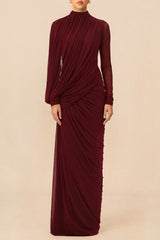 liz High Neck Asymmetric Drape ruched Maxi Dress in burgundy