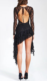 BACKLESS RUFFLE LACE MINI DRESS