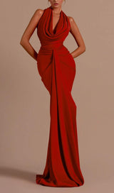 HALTER PLEATS SATIN MAXI DRESS IN RED