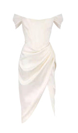 SATIN OFF SHOULDER DRESS IN IVORY