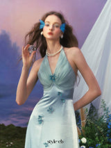 Butterfly Princess Halter midi Dress in light blue