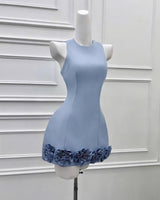 janice 3d flower sleeveless mini dress in blue