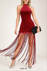 michaelia halterneck Fringe Velvet Dress in Burgundy