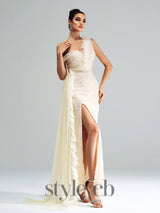 Spaghetti Strap Appliqued Floral Split maxi Dress