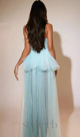 Kalene Strapless Ruffle Tulle Dress In Blue