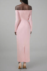 hilary Pink 3D Flower long sleeve strapless Midi Dress