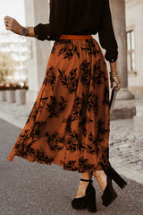 Apricot Floral Leaves Embroidered High Waist Maxi Skirt