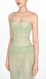 ONE SHOULDER MESH RUCHED MIDI DRESS IN GREEN