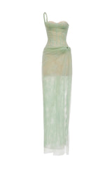 ONE SHOULDER MESH RUCHED MIDI DRESS IN GREEN