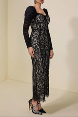 wendy Lace Splicing Mesh Puff Sleeve Midi Dress in black