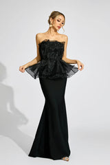 lorraine Black Peplum strapless maxi Dress