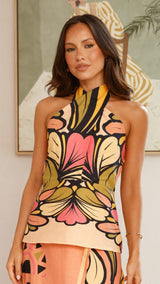 jennifer print Twist Halter Top - Melon
