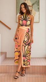 jennifer print Twist Halter Top - Melon