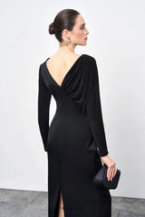 Mirabel A-line Back Slit Taffeta Midi Dress in black