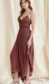 sally pleated midi dress in rust red
