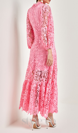 TARA PINK LACE EMBROIDERED LONG SLEEVE MIDI DRESS