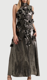 aditi 3d floral embellished maxi dress in grey