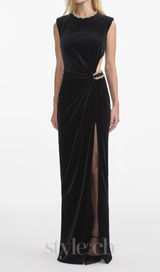 velvet crystal embellished maxi dress in black