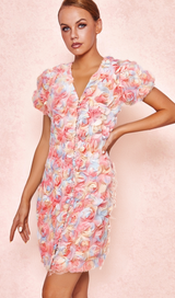 FAWN FLOWER EMBROIDERY BUTTON MINI DRESS IN PINK