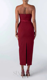 demi bow strapless midi dress in merlot