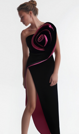 VELVET FLOWER SLIT MAXI DRESS IN BLACK