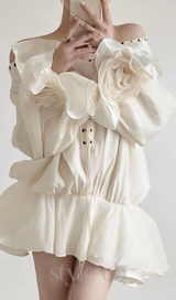 off-shoulder flared sleeve mini shirt dress in white