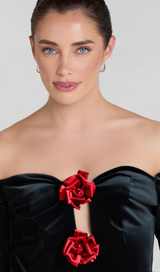 ZANNA OFF SHOULDERS FLOWERS VELVET MAXI DRESS IN BLACK