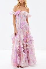 helen Floral Frill Off-Shoulder Maxi Dress in pink