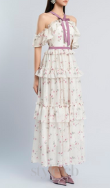 floral print bow collar ruffle flared maxi dress