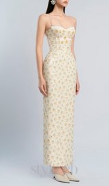 print embroidery maxi dress in beige