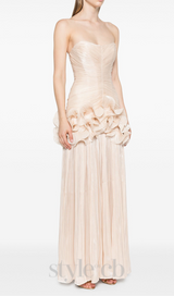 ruffle-embellished pleated maxi dress in apricot