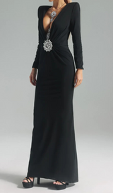 BERNICE LONG SLEEVE DRAPED EMBELLISHED MAXI DRESS IN BLACK