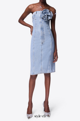 flower corsage strapless midi dress in light wash blue