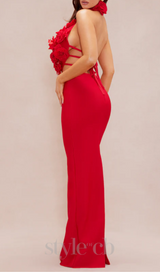 halter 3d flower hollow out backless maxi dress in red