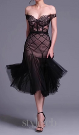 floral dentelle off-shoulder bustier corset net skirt set