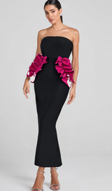 PLEATED ORNAMENTED BANDAGE MAXI DRESS IN BLACK
