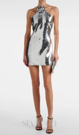 Cinwa Floral Appliqué Halter Sequin Mini Dress - Silver