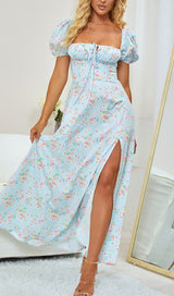 VINTAGE FLORAL PUFF SLEEVE MIDI DRESS IN BLUE